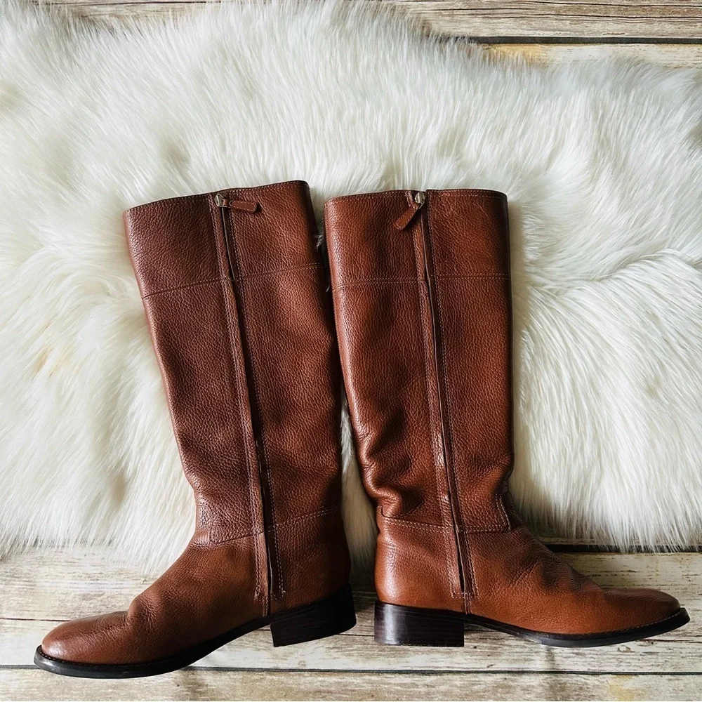 Tory Burch Jolie Pebble Leather Brown Riding Boots 8.5